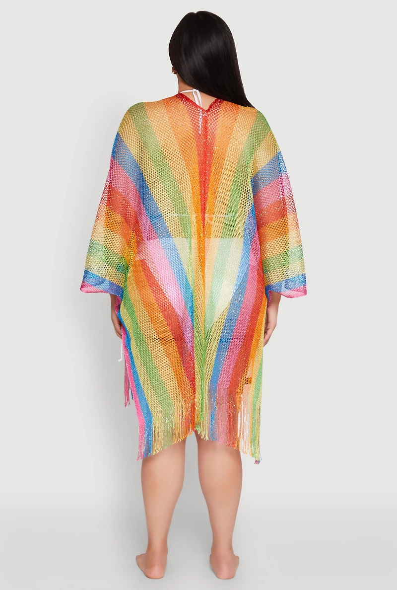 Womens Rainbow Stripe Cover Up Kimono, Multi