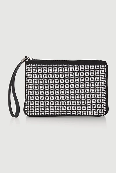 Womens Stylish Metallic Studded Faux Suede Wristlet, Black