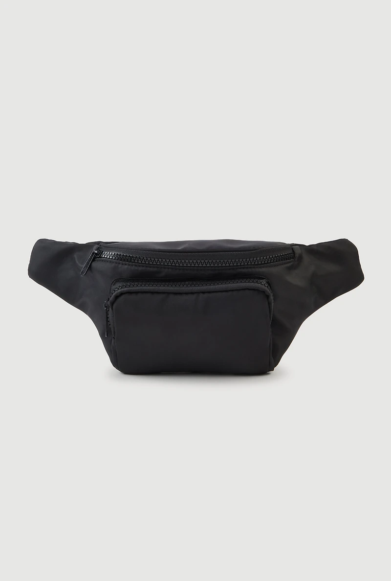 Womens Nylon Fanny Pack with Fishnet Detail Adjustable Strap, Black