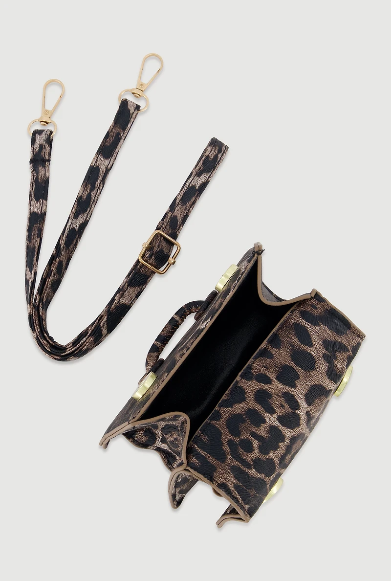 Womens Chic Animal Print Faux Leather Crossbody Bag with Removable Strap, Brown