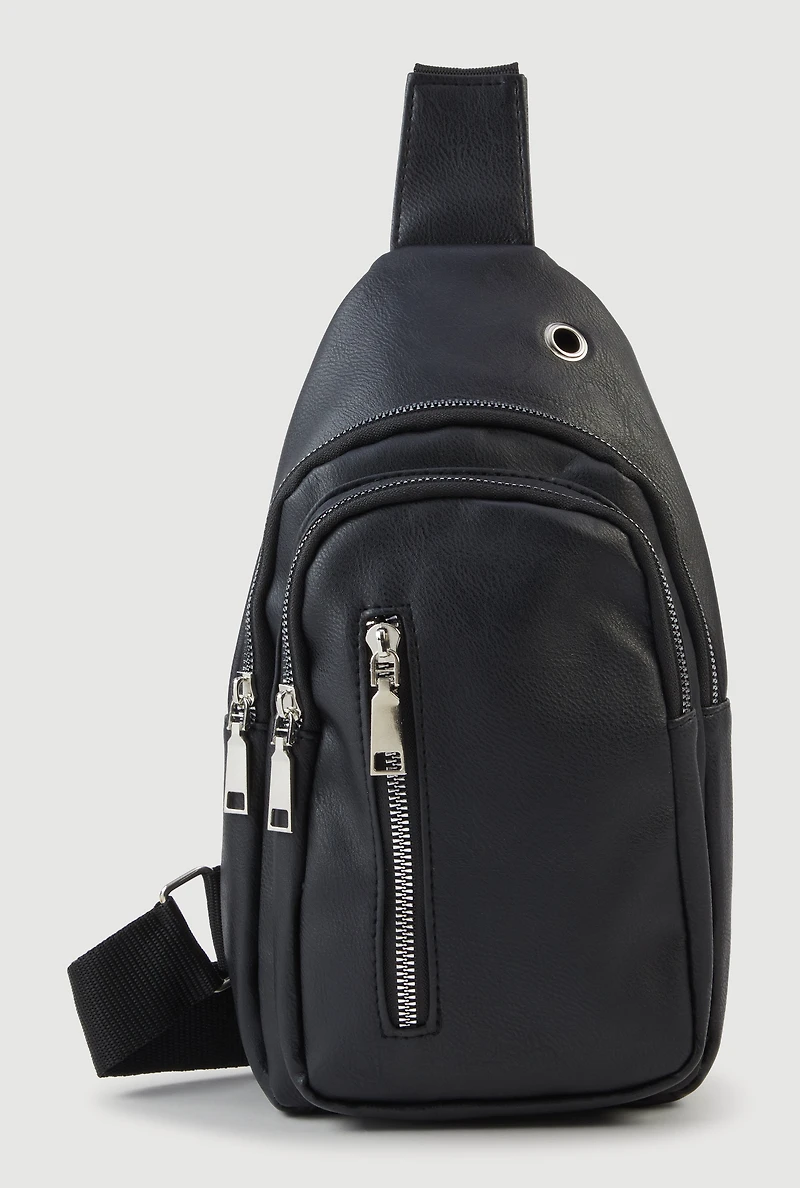 Womens Faux Leather Sling Backpack with Metallic Zippers, Black