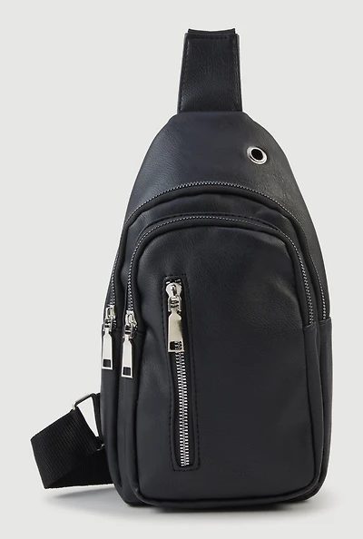 Womens Faux Leather Sling Backpack with Metallic Zippers, Black