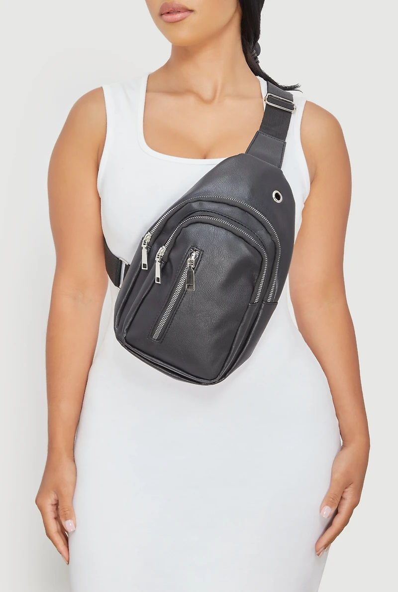 Womens Faux Leather Sling Backpack with Metallic Zippers, Black