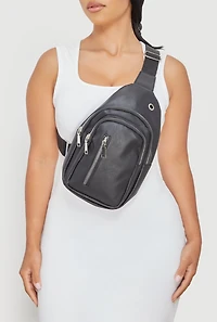 Womens Faux Leather Sling Backpack with Metallic Zippers, Black
