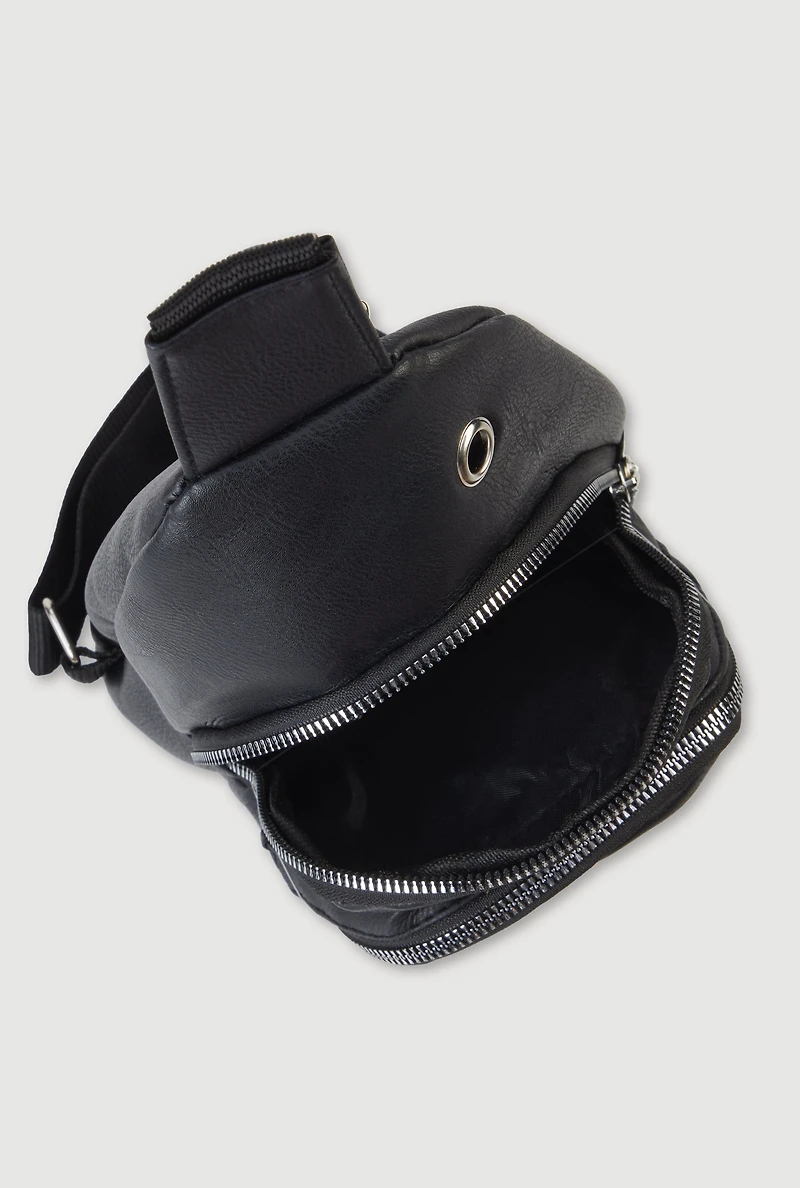 Womens Faux Leather Sling Backpack with Metallic Zippers, Black