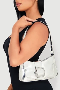 Womens Buckle Detail Shoulder Bag, Silver