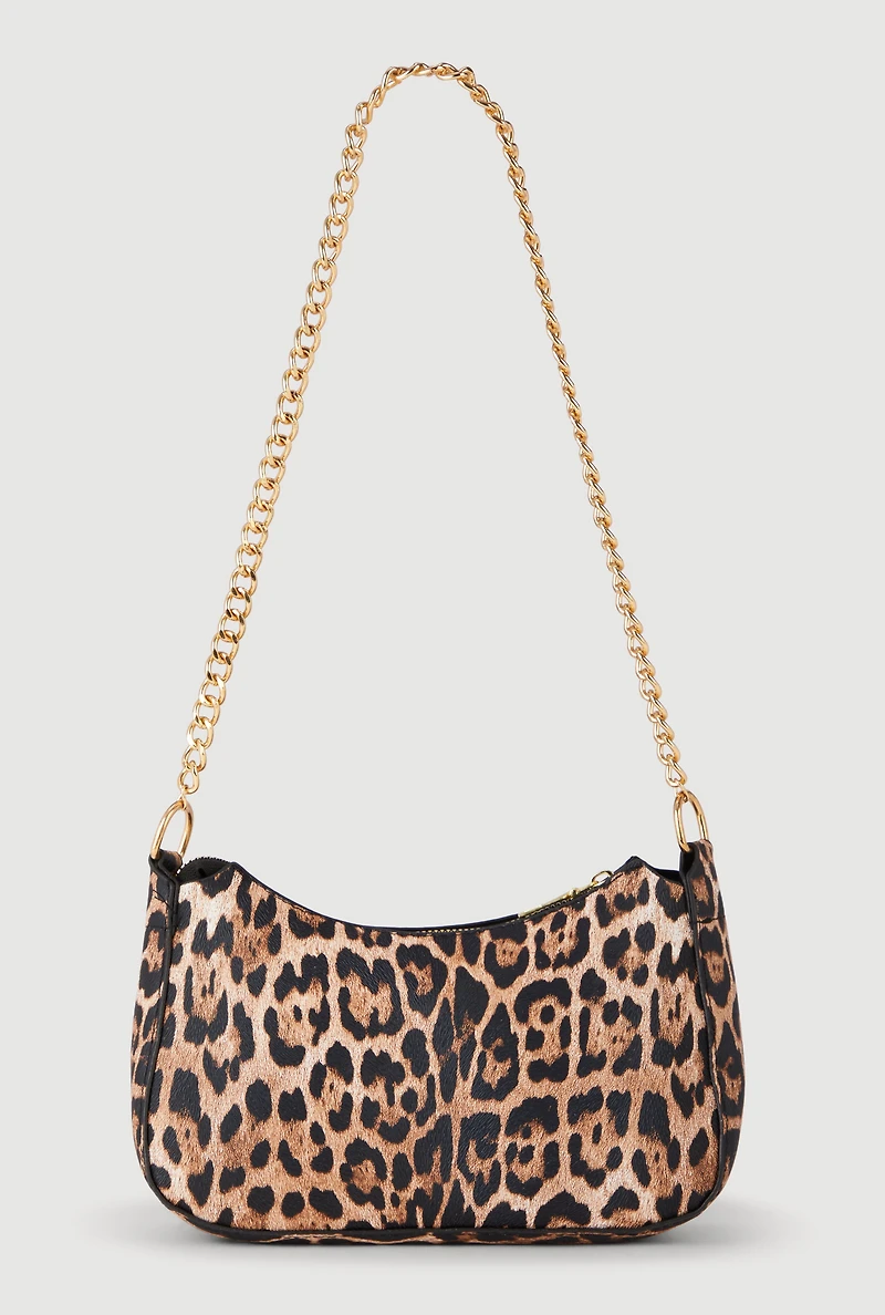 Leopard Print Chain Detail Shoulder Bag