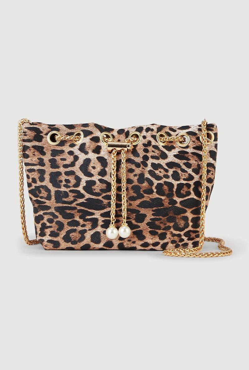 Leopard Print Faux Pearl Chain Toggle Drawstring Bag