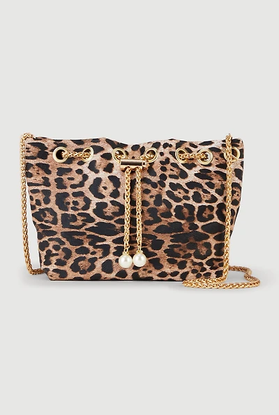 Leopard Print Faux Pearl Chain Toggle Drawstring Bag