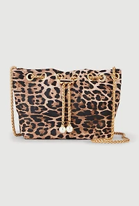 Leopard Print Faux Pearl Chain Toggle Drawstring Bag