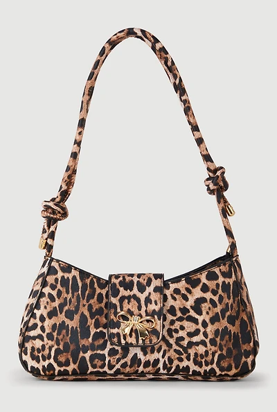 Leopard Faux Leather Knot Strap Baguette Shoulder Bag
