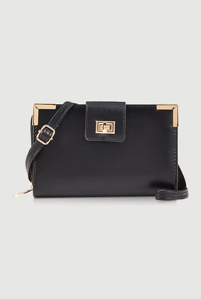 Womens Chic Metallic Detail Faux Leather Crossbody Double Zip Wallet, Black