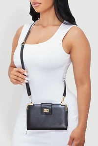 Chic Metallic Detail Faux Leather Crossbody Double Zip Wallet