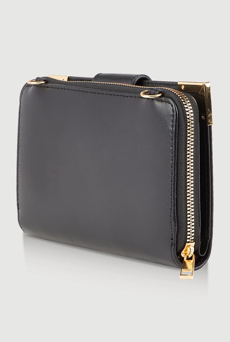 Chic Metallic Detail Faux Leather Crossbody Double Zip Wallet