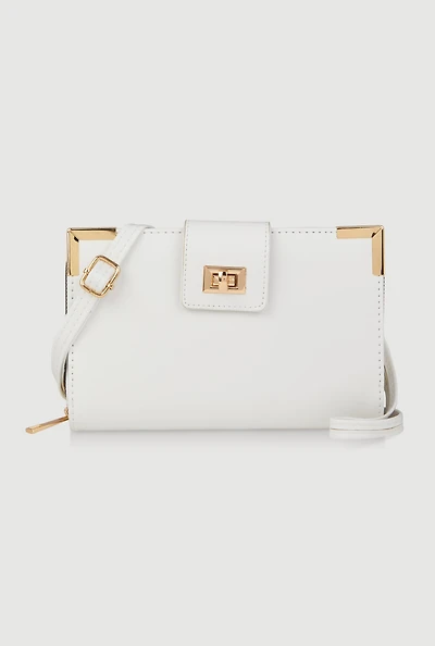 Womens Chic Metallic Detail Faux Leather Crossbody Double Zip Wallet, White