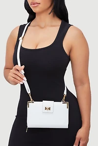 Womens Chic Metallic Detail Faux Leather Crossbody Double Zip Wallet, White