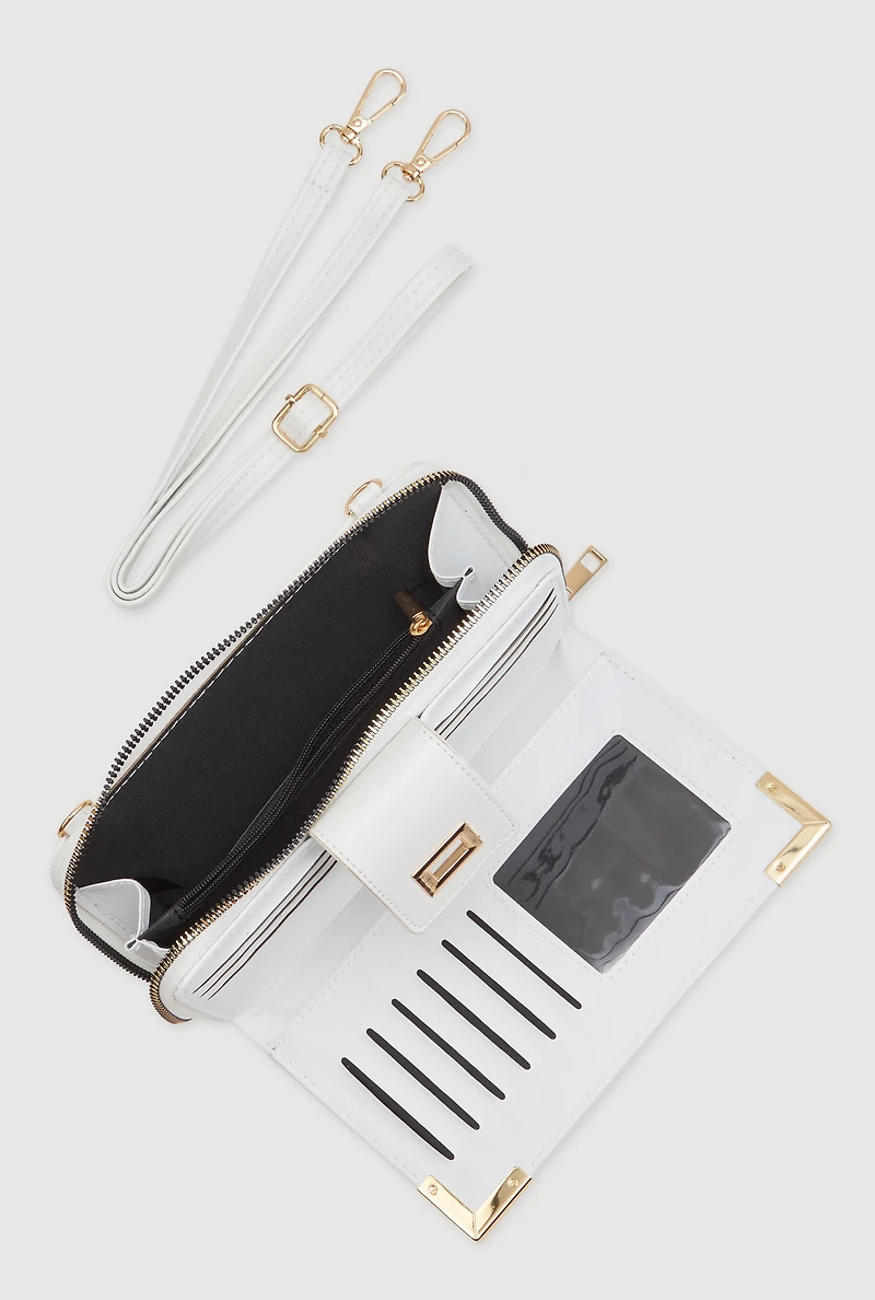 Womens Chic Metallic Detail Faux Leather Crossbody Double Zip Wallet, White