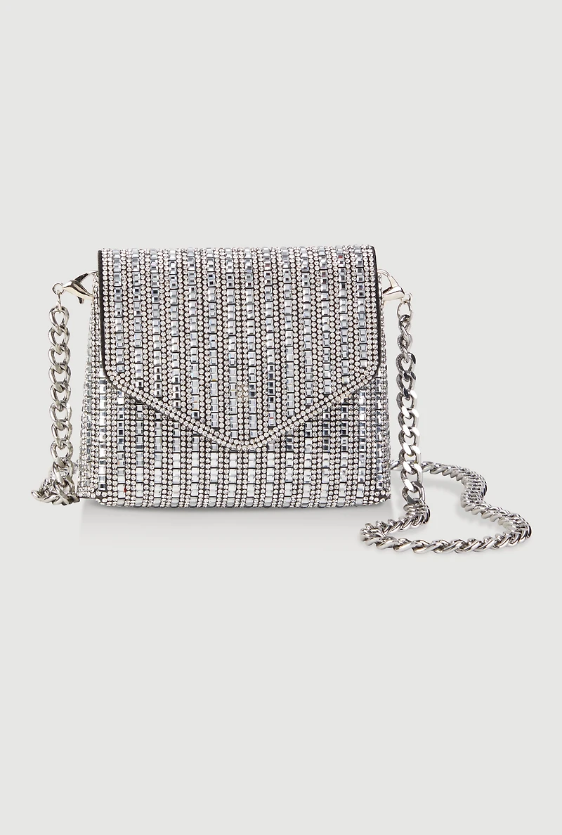 Womens Metallic Chain Mini Rhinestone Crossbody Clutch Bag, Silver