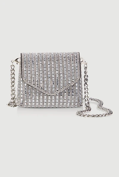 Womens Metallic Chain Mini Rhinestone Crossbody Clutch Bag, Silver