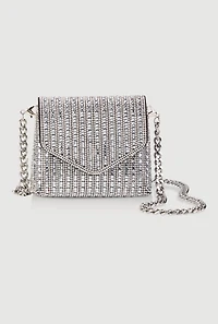 Womens Metallic Chain Mini Rhinestone Crossbody Clutch Bag, Silver
