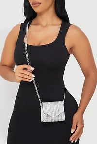 Womens Metallic Chain Mini Rhinestone Crossbody Clutch Bag, Silver