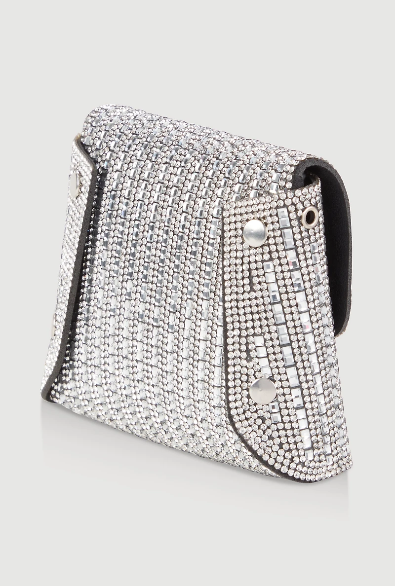 Womens Metallic Chain Mini Rhinestone Crossbody Clutch Bag, Silver