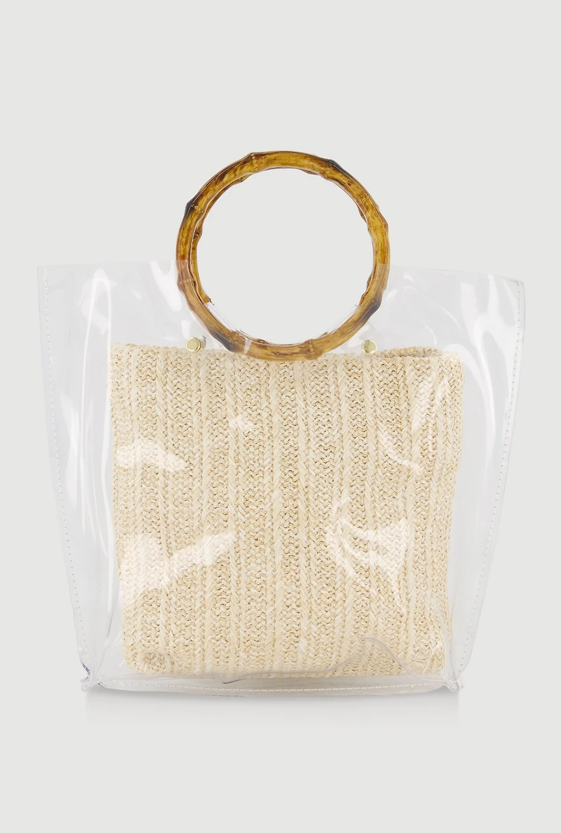 Bamboo Handle Clear Handbag with Pouch