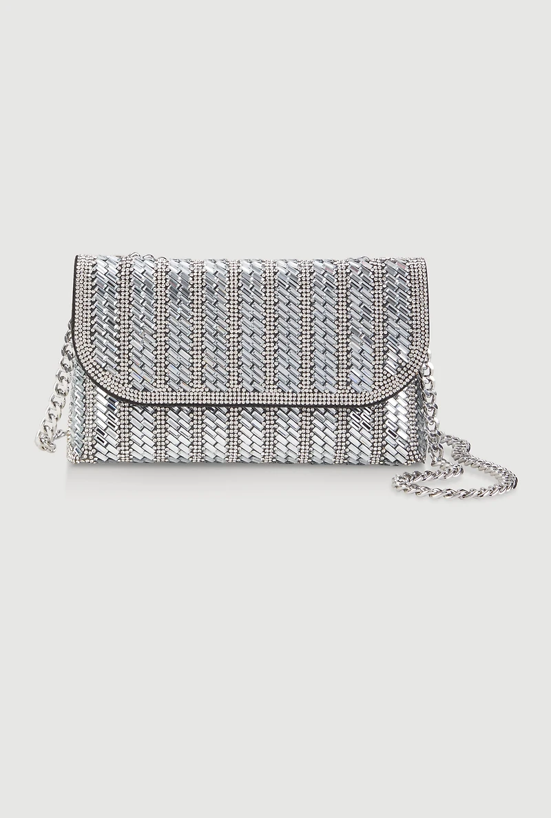 Womens Metallic Chain Rhinestone Crossbody Clutch Bag, Silver