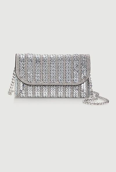 Womens Metallic Chain Rhinestone Crossbody Clutch Bag, Silver
