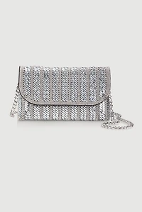 Womens Metallic Chain Rhinestone Crossbody Clutch Bag, Silver