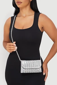 Womens Metallic Chain Rhinestone Crossbody Clutch Bag, Silver