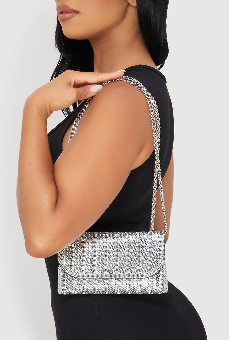 Womens Metallic Chain Rhinestone Crossbody Clutch Bag, Silver
