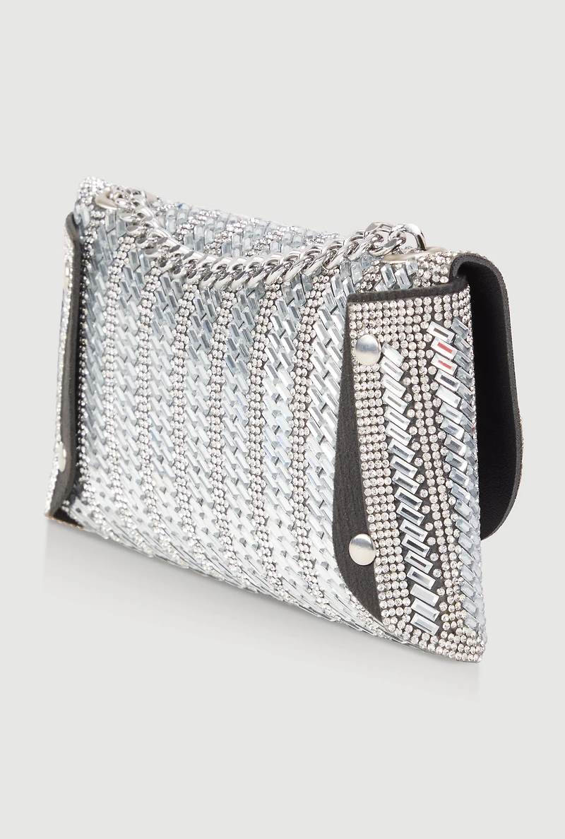 Womens Metallic Chain Rhinestone Crossbody Clutch Bag, Silver