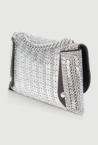 Womens Metallic Chain Rhinestone Crossbody Clutch Bag, Silver