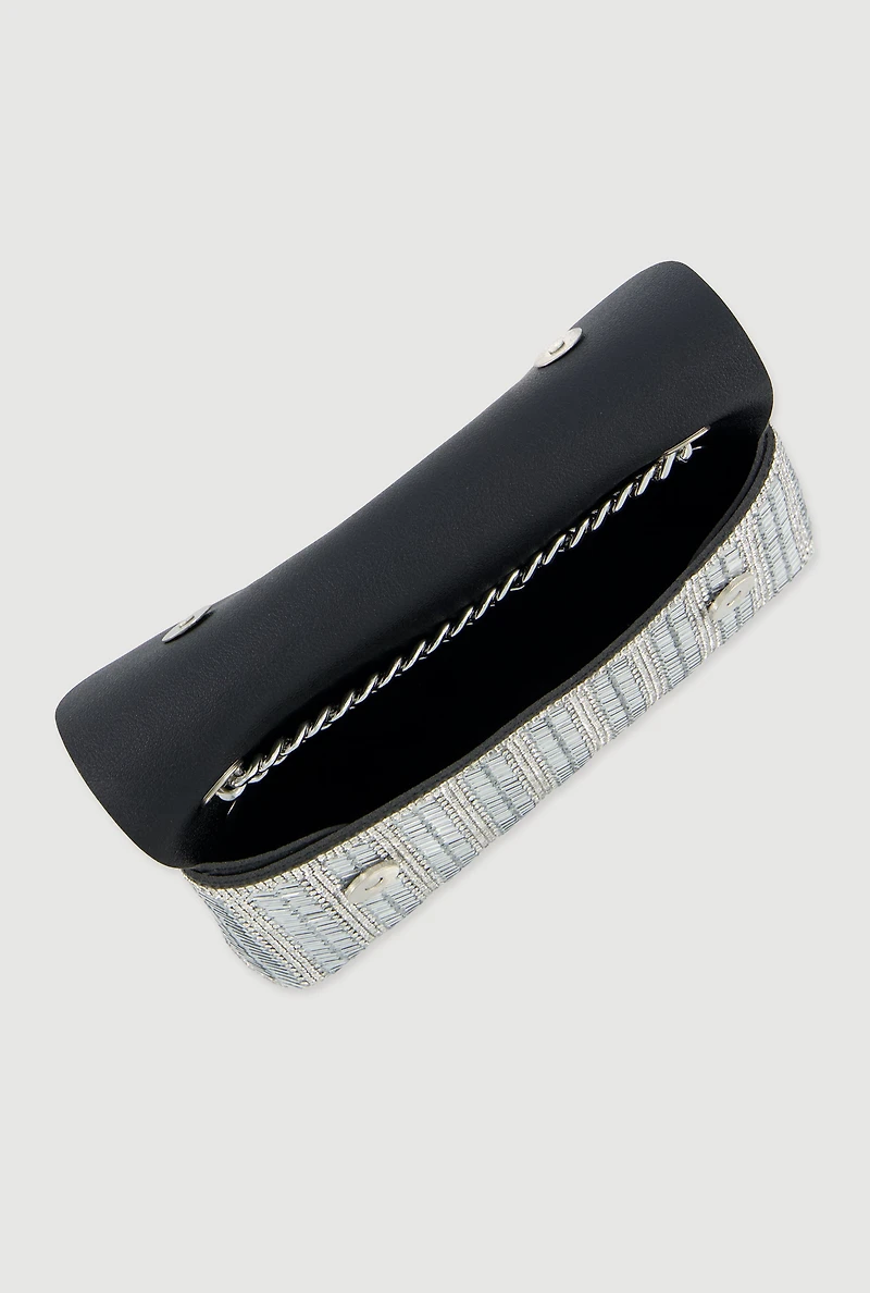 Womens Metallic Chain Rhinestone Crossbody Clutch Bag, Silver
