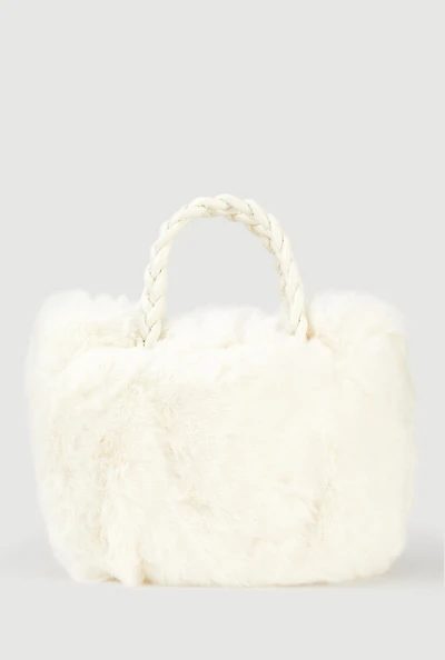 Faux Fur Braided Handle Bag with Adjustable Shoulder Strap