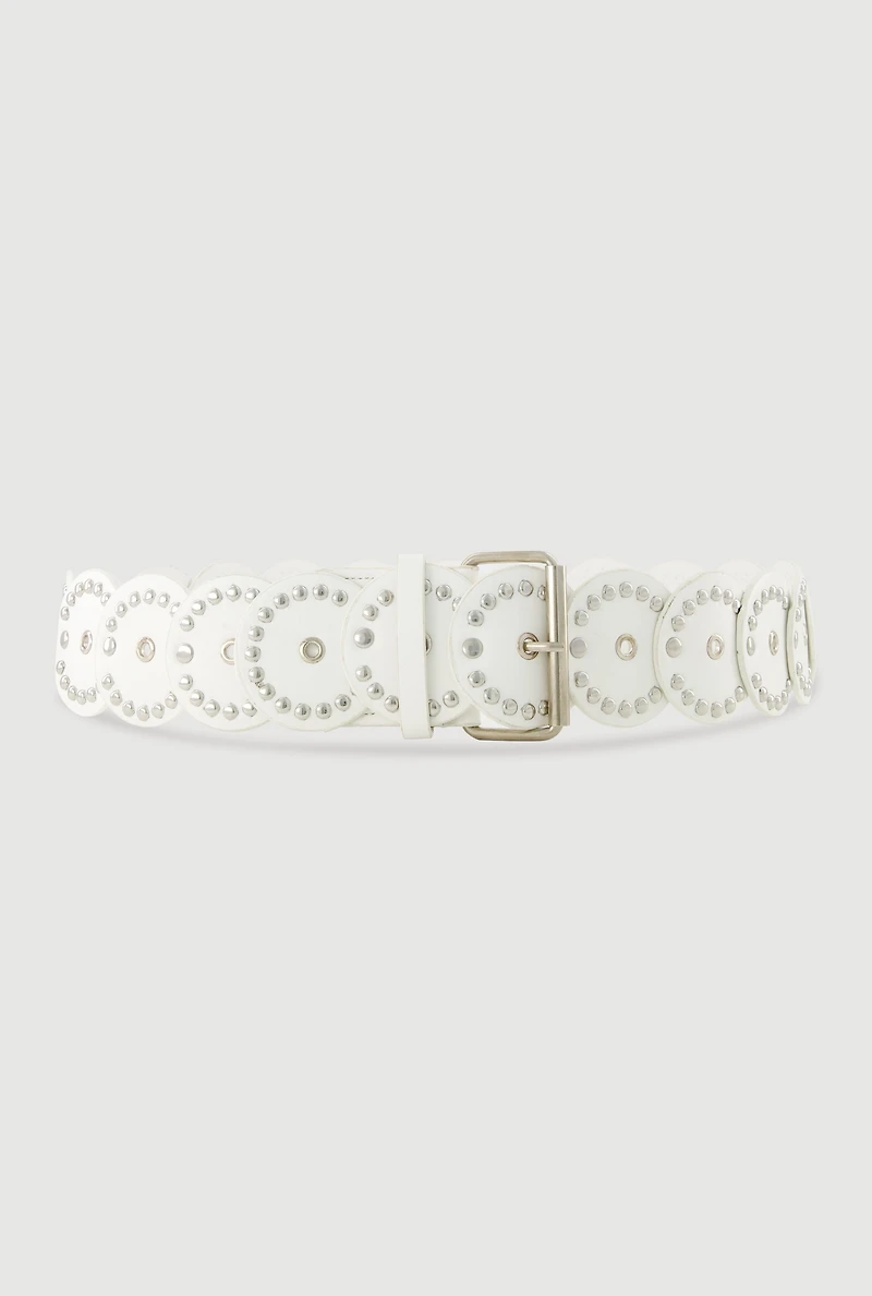 Womens Roller Buckle Faux Leather Moroccan Belt, White, Size S-M