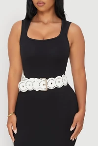 Womens Roller Buckle Faux Leather Moroccan Belt, White, Size S-M