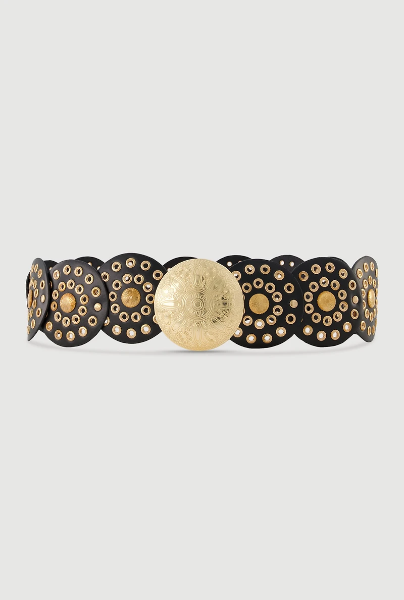 Womens Faux Leather Metallic Moroccan Belt, Black, Size S-M