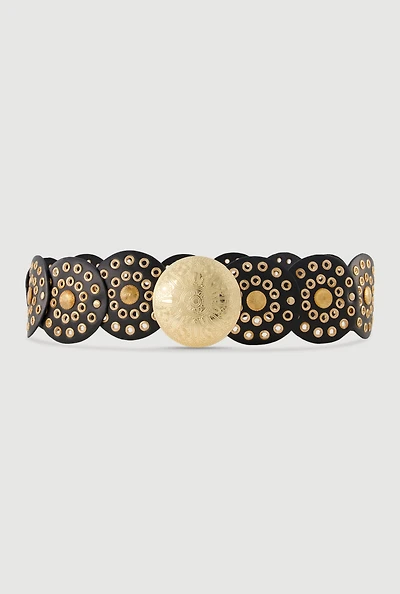Womens Faux Leather Metallic Moroccan Belt, Black, Size S-M