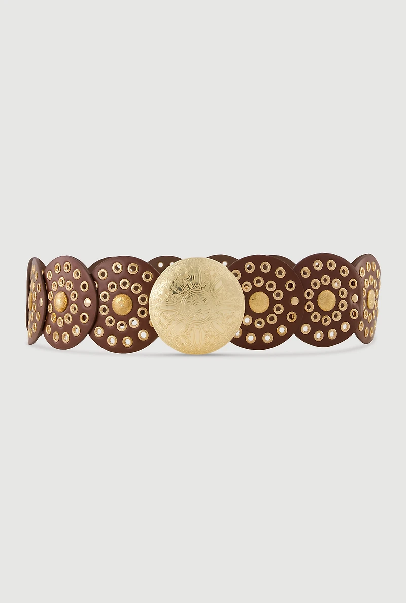 Womens Faux Leather Metallic Moroccan Belt, Brown, Size M-L