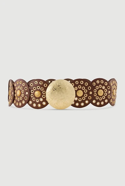Womens Faux Leather Metallic Moroccan Belt, Brown, Size M-L