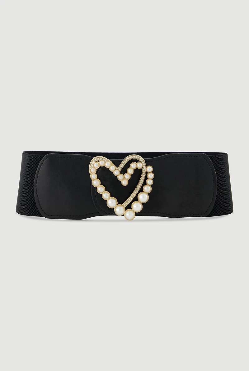 Womens Faux Pearl Rhinestone Metallic Heart Detail Belt, Black, Size M-L