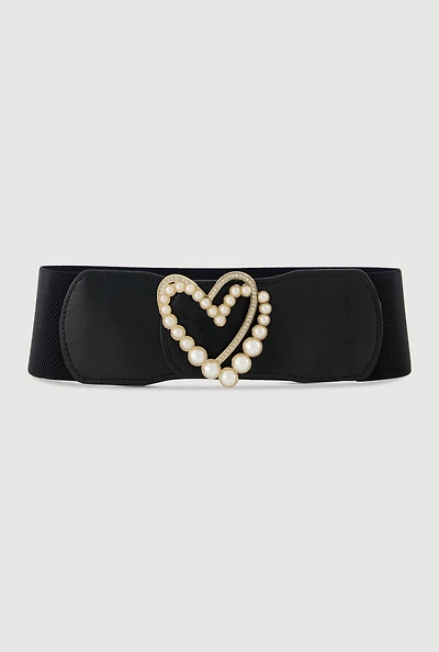 Womens Faux Pearl Rhinestone Metallic Heart Detail Belt, Black, Size M-L