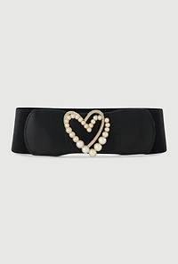 Womens Faux Pearl Rhinestone Metallic Heart Detail Belt, Black, Size M-L