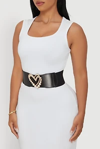 Womens Faux Pearl Rhinestone Metallic Heart Detail Belt, Black, Size M-L