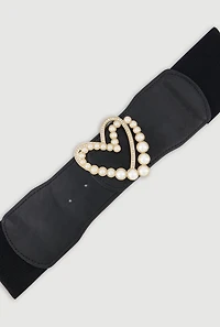 Womens Faux Pearl Rhinestone Metallic Heart Detail Belt, Black, Size M-L