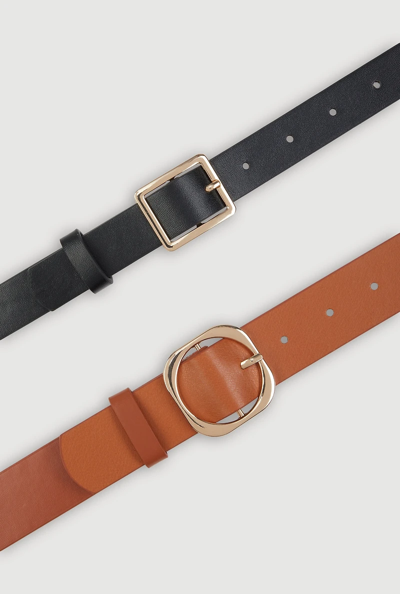 Womens Assorted Metallic Buckle Faux Leather Belts 2 Pack, Multi, Size S