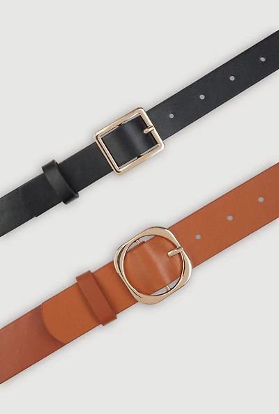 Womens Assorted Metallic Buckle Faux Leather Belts 2 Pack, Multi, Size S