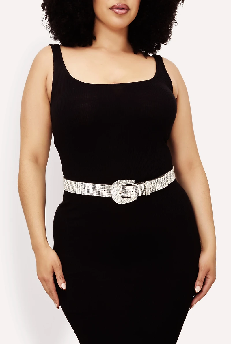 Womens Plus Size Sparkling Rhinestone Belt, Silver, Size 1X